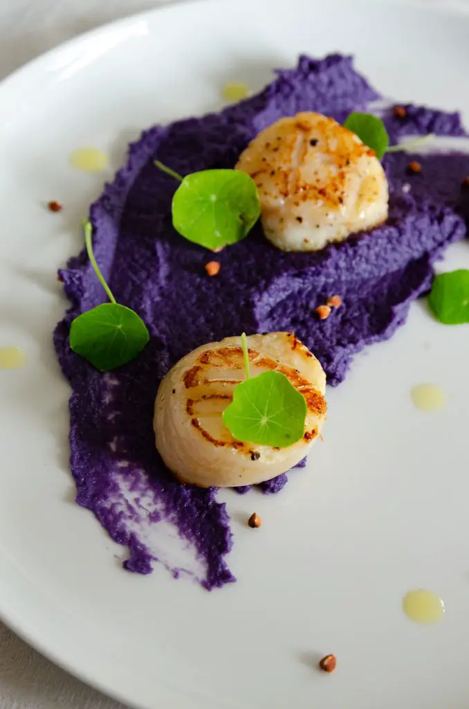 noix de Saint Jacques poêlées purée de chou rouge gingembre